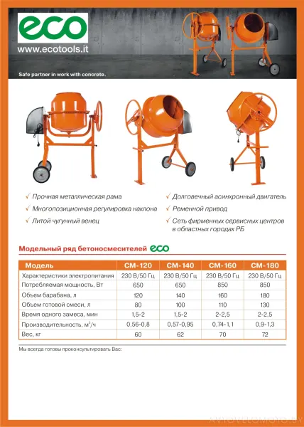 Бетоносмеситель ECO CM-70 (70/50 л, 380 Вт, 230 В, вес 24 кг) — фото 3